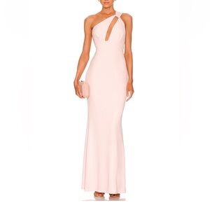 Blush pink floor length prom one shoulder key hole wedding guest dress